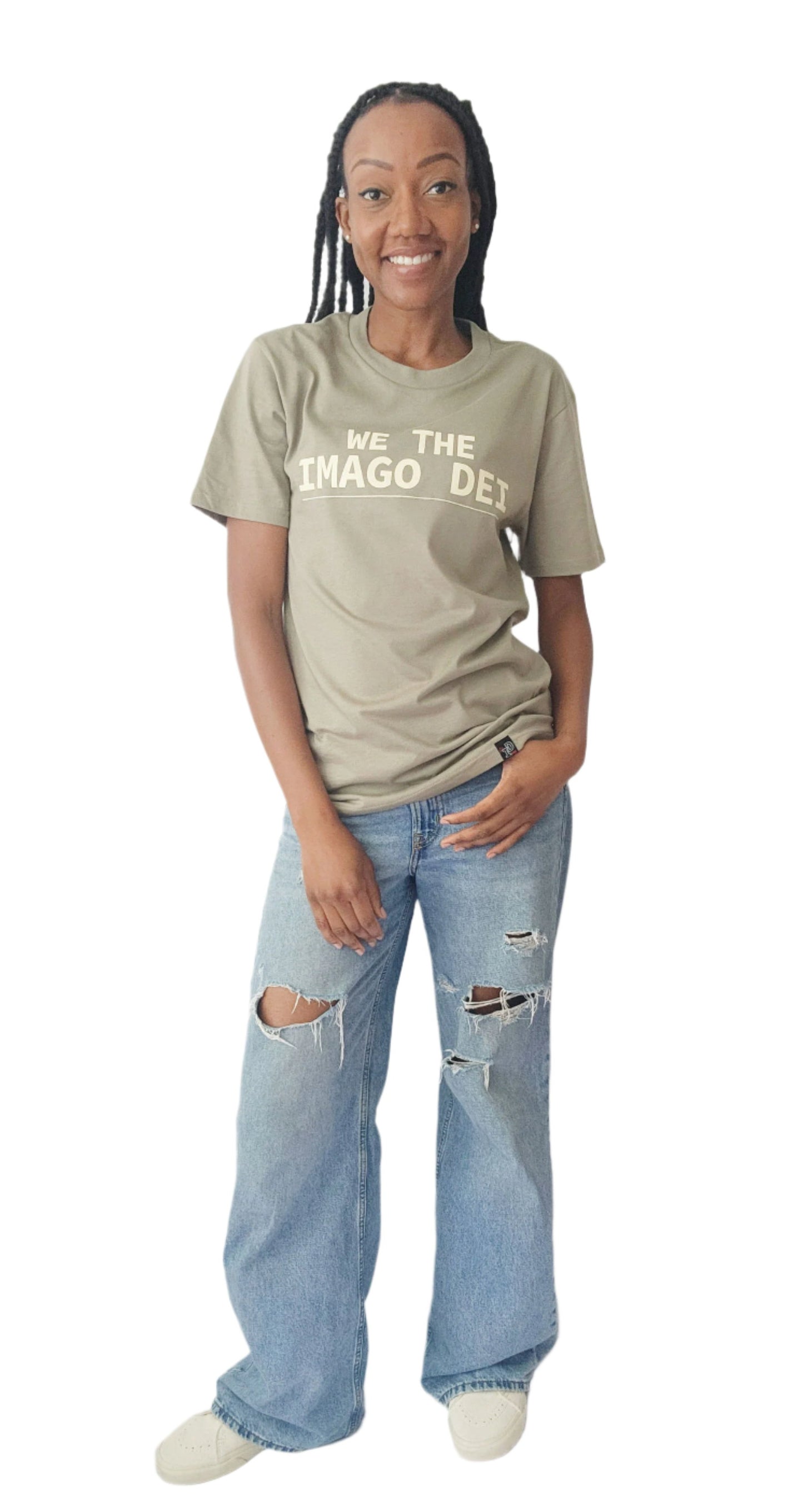 green tee on model female front