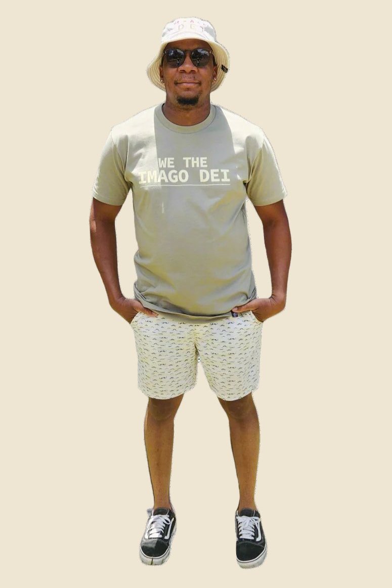green tee on male model front on