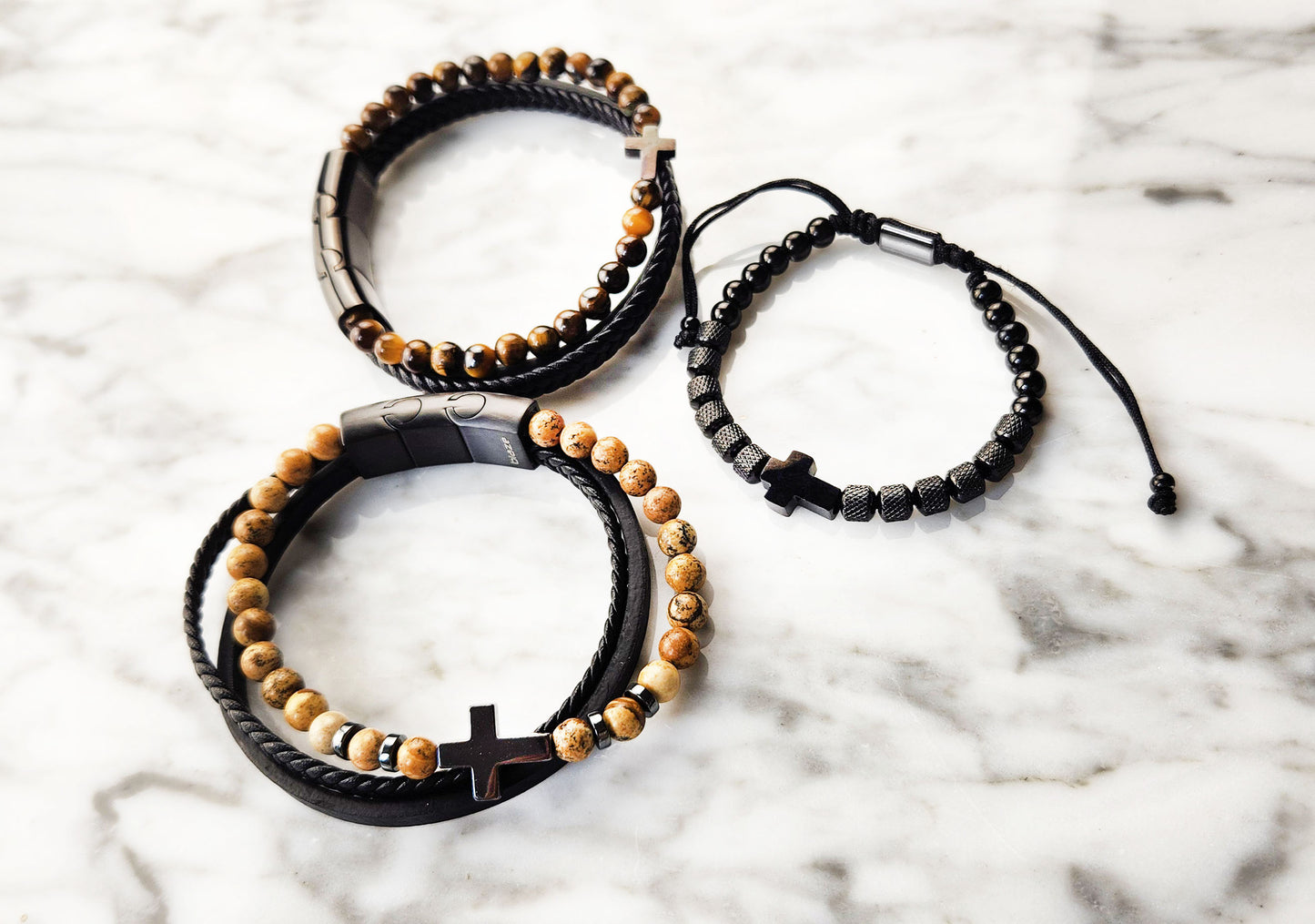 Rope Bracelet - Unisex Stainless Black Onyx with Cross Pendant