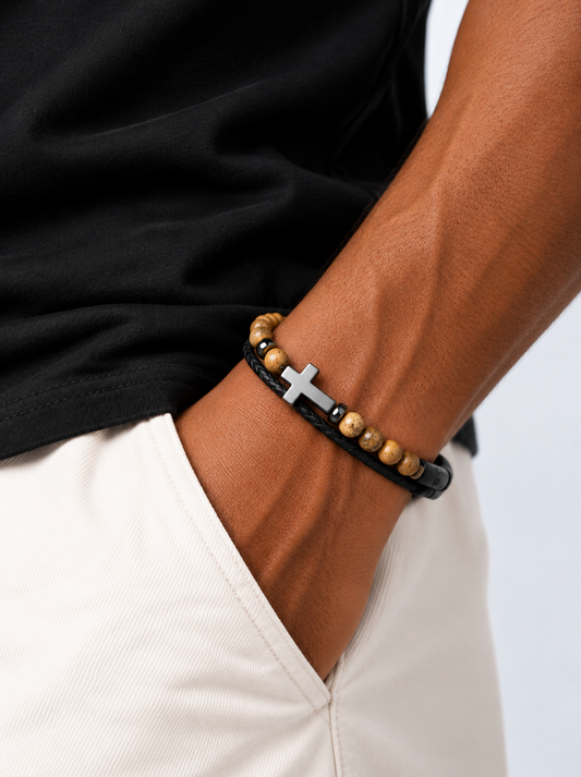 Leather Bangle - Stainless Steel Men’s Triple-strap with Bead Bracelet and Cross