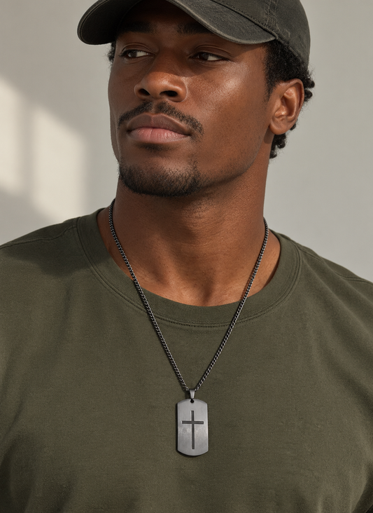 Stainless Steel Necklace - Matte and Shiny Black Cross Pendant