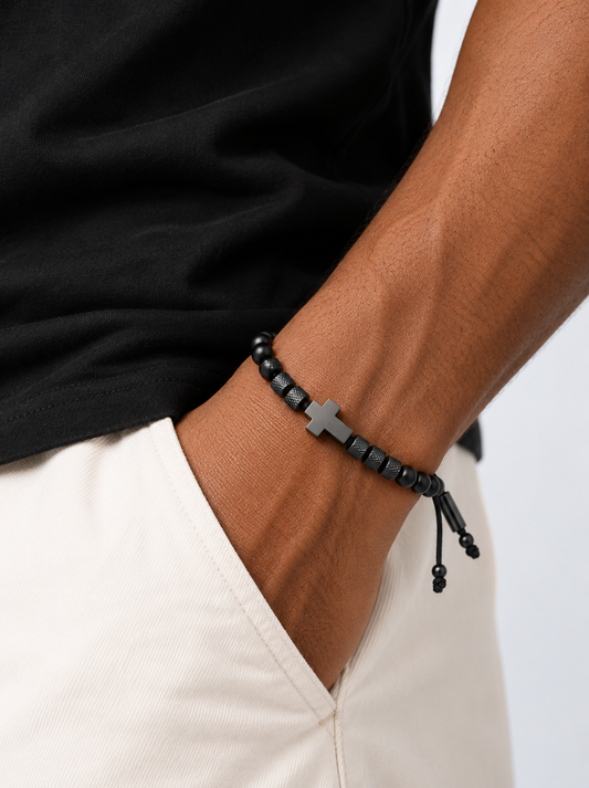 Rope Bracelet - Unisex Stainless Black Onyx with Cross Pendant