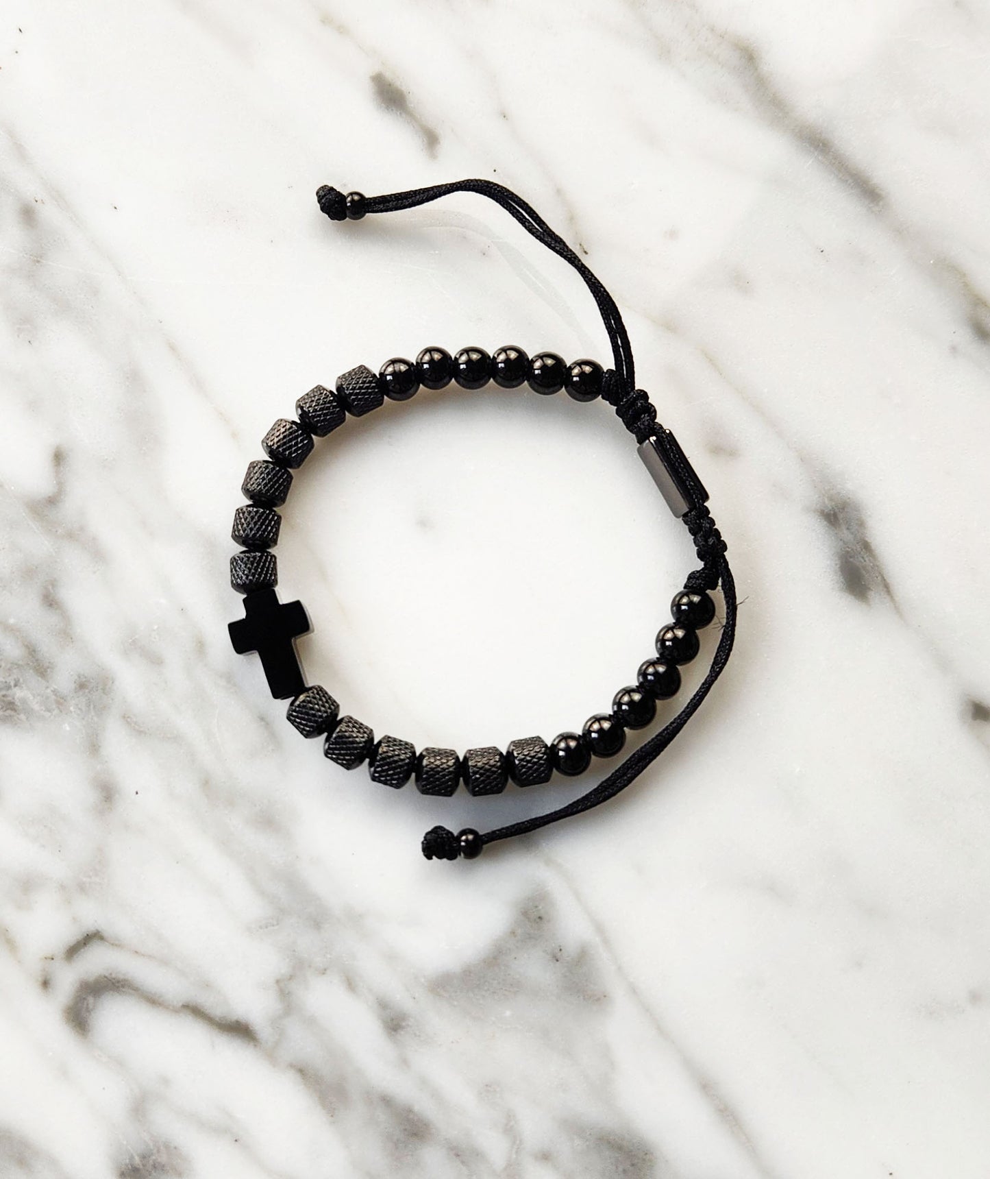 Rope Bracelet - Unisex Stainless Black Onyx with Cross Pendant
