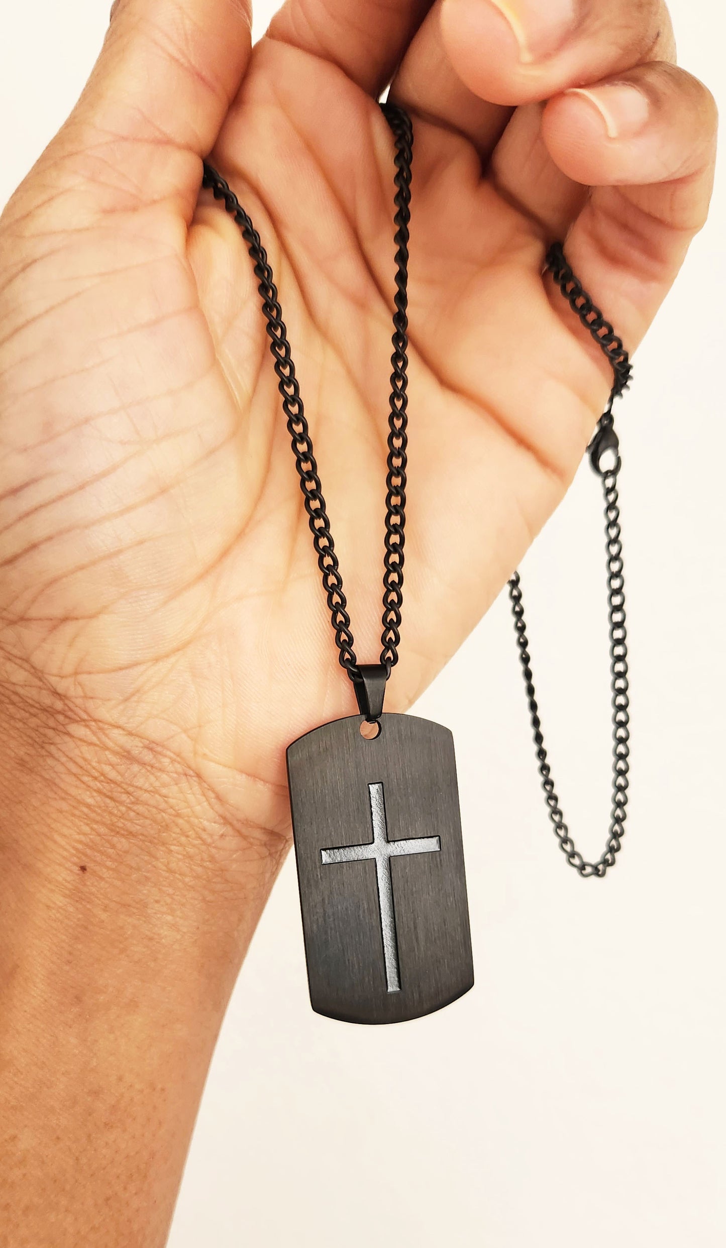 Stainless Steel Necklace - Matte and Shiny Black Cross Pendant