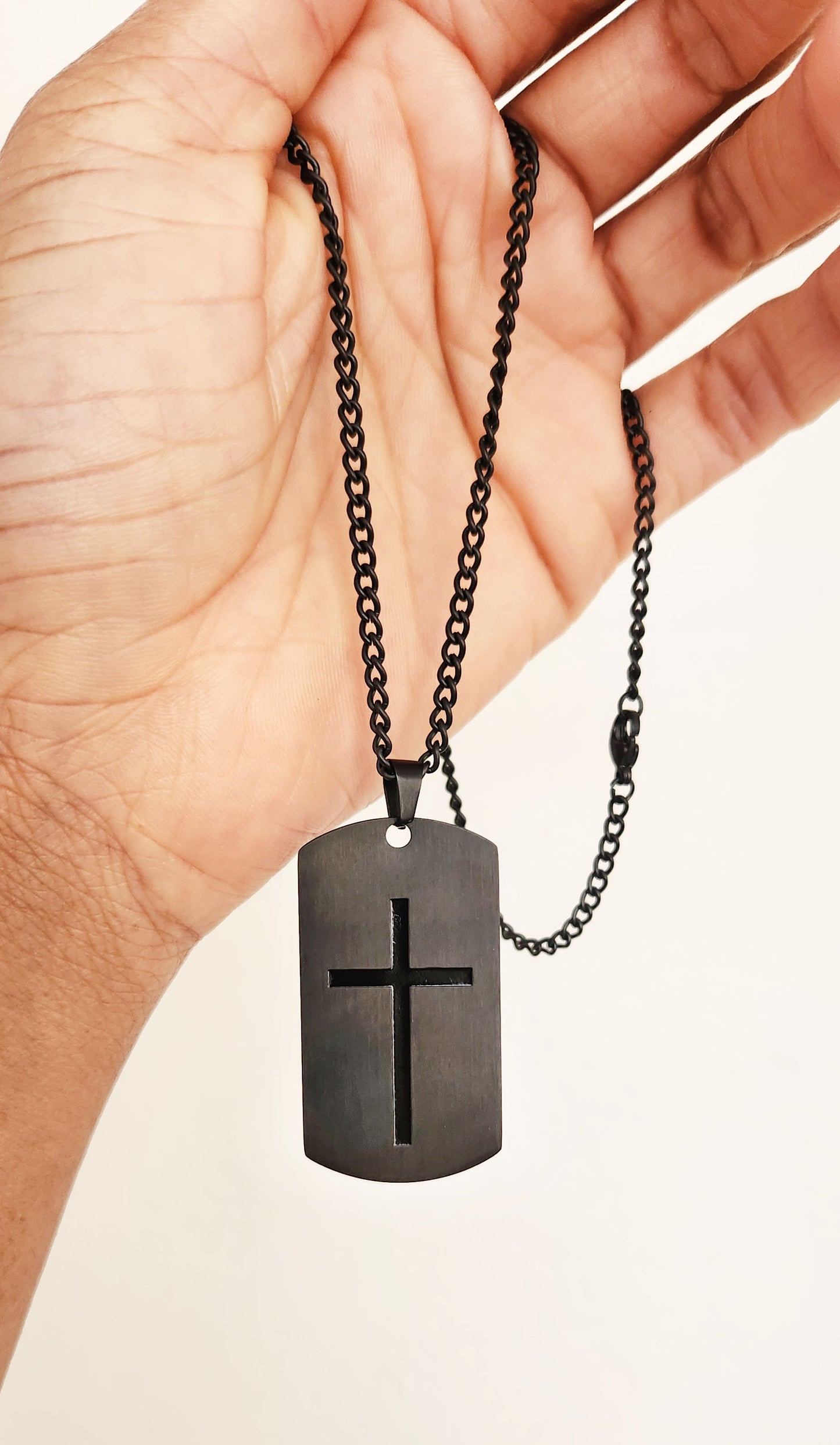 Stainless Steel Necklace - Matte and Shiny Black Cross Pendant