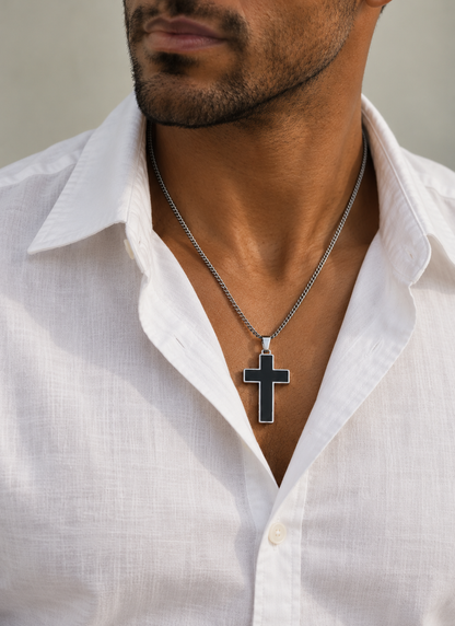 Stainless Steel Necklace - Enamel Cross Pendant with Curb Chain