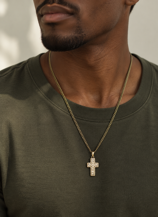 Stainless Steel Necklace with Hammered Cross Pendant in Bronze