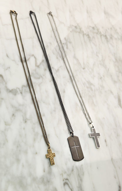 Stainless Steel Necklace - Matte and Shiny Black Cross Pendant
