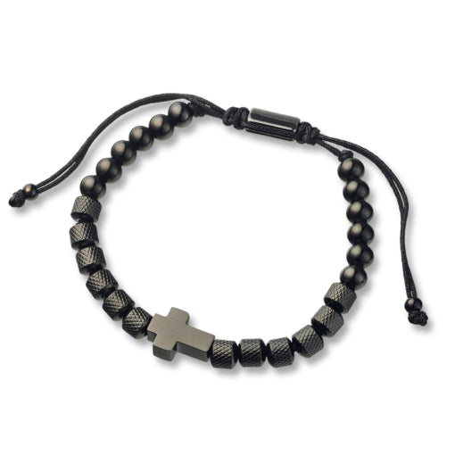 Rope Bracelet - Unisex Stainless Black Onyx with Cross Pendant