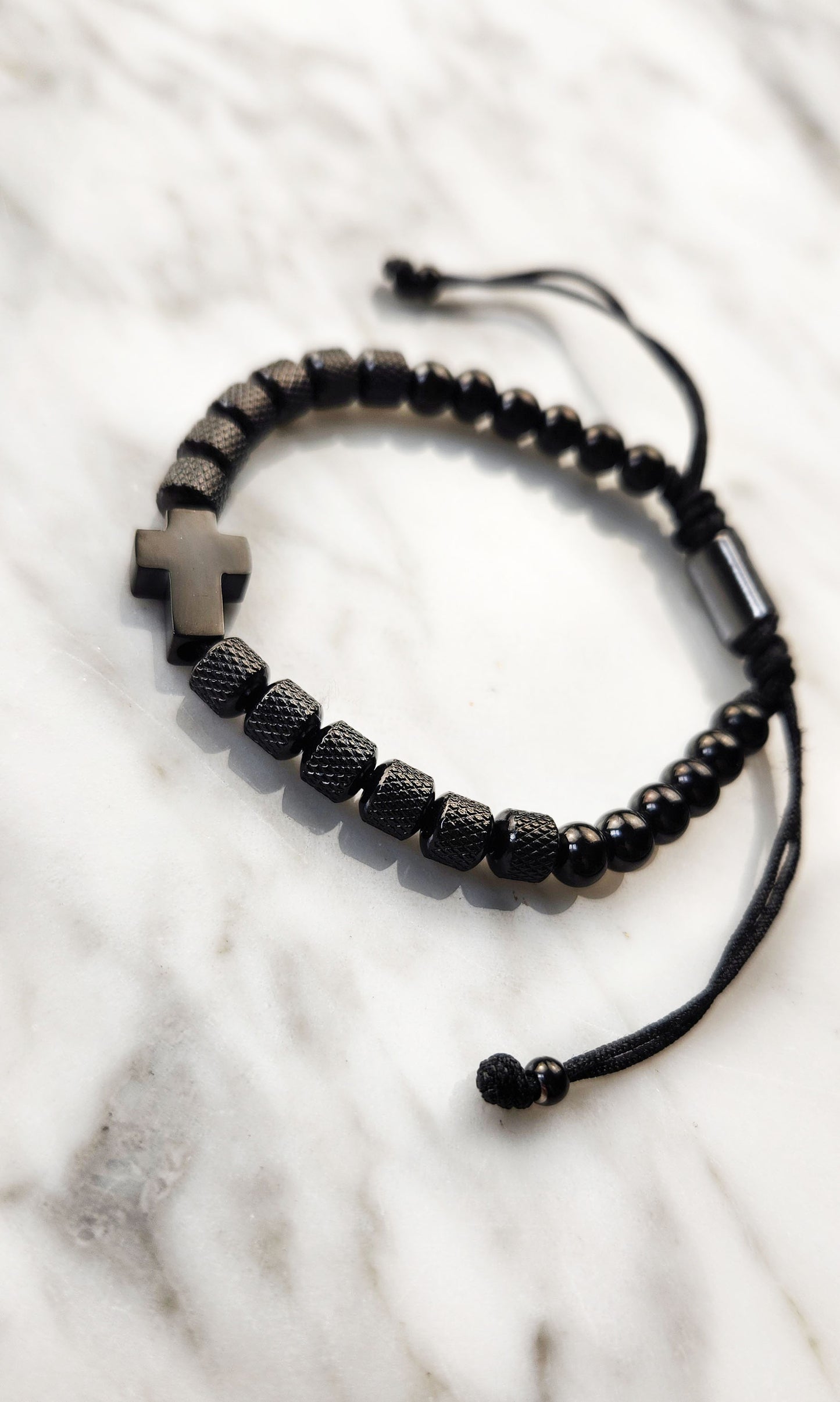 Rope Bracelet - Unisex Stainless Black Onyx with Cross Pendant
