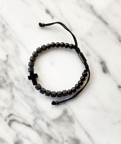 Rope Bracelet - Unisex Stainless Black Onyx with Cross Pendant