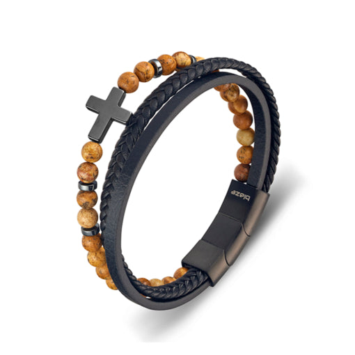 Leather Bangle - Stainless Steel Men’s Triple-strap with Bead Bracelet and Cross