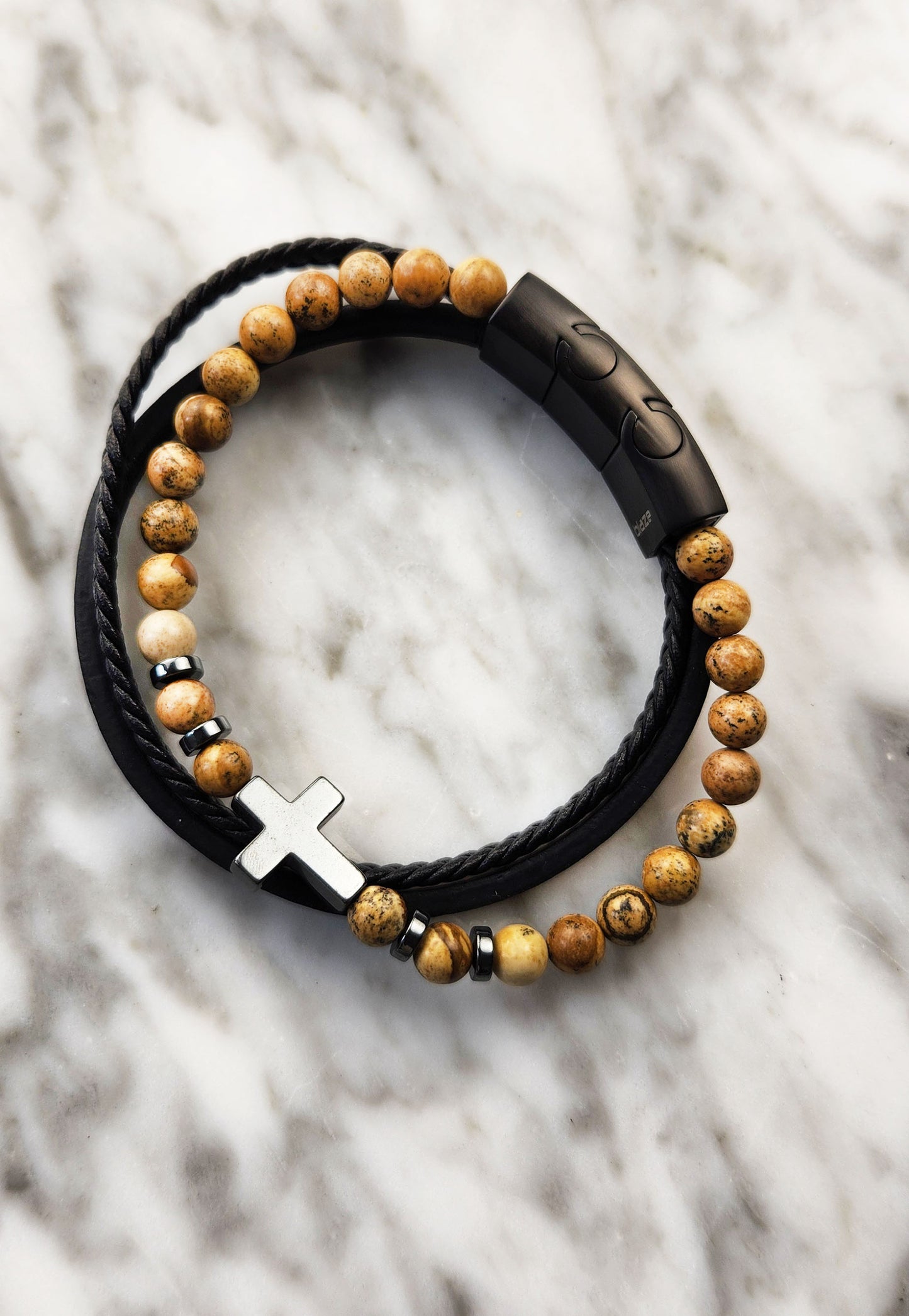 Leather Bangle - Stainless Steel Men’s Triple-strap with Bead Bracelet and Cross