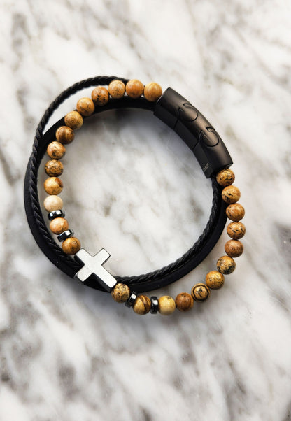 Leather Bangle - Stainless Steel Men’s Triple-strap with Bead Bracelet and Cross