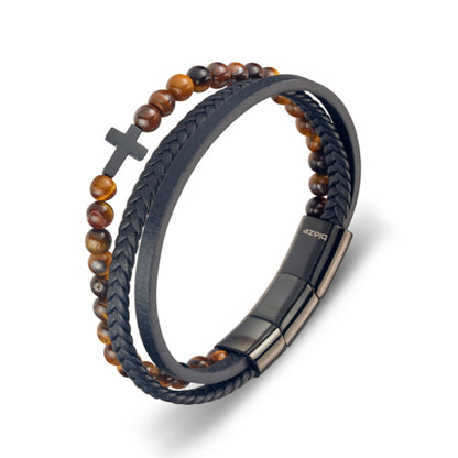 Leather Bangle - Yellow Tiger Eye Bead and Multi-strap with Shiny Black Cross
