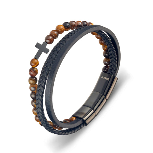 Leather Bangle - Yellow Tiger Eye Bead and Multi-strap with Shiny Black Cross