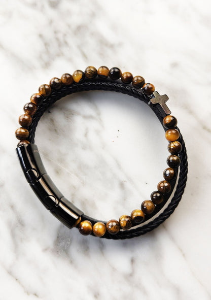 Leather Bangle - Yellow Tiger Eye Bead and Multi-strap with Shiny Black Cross