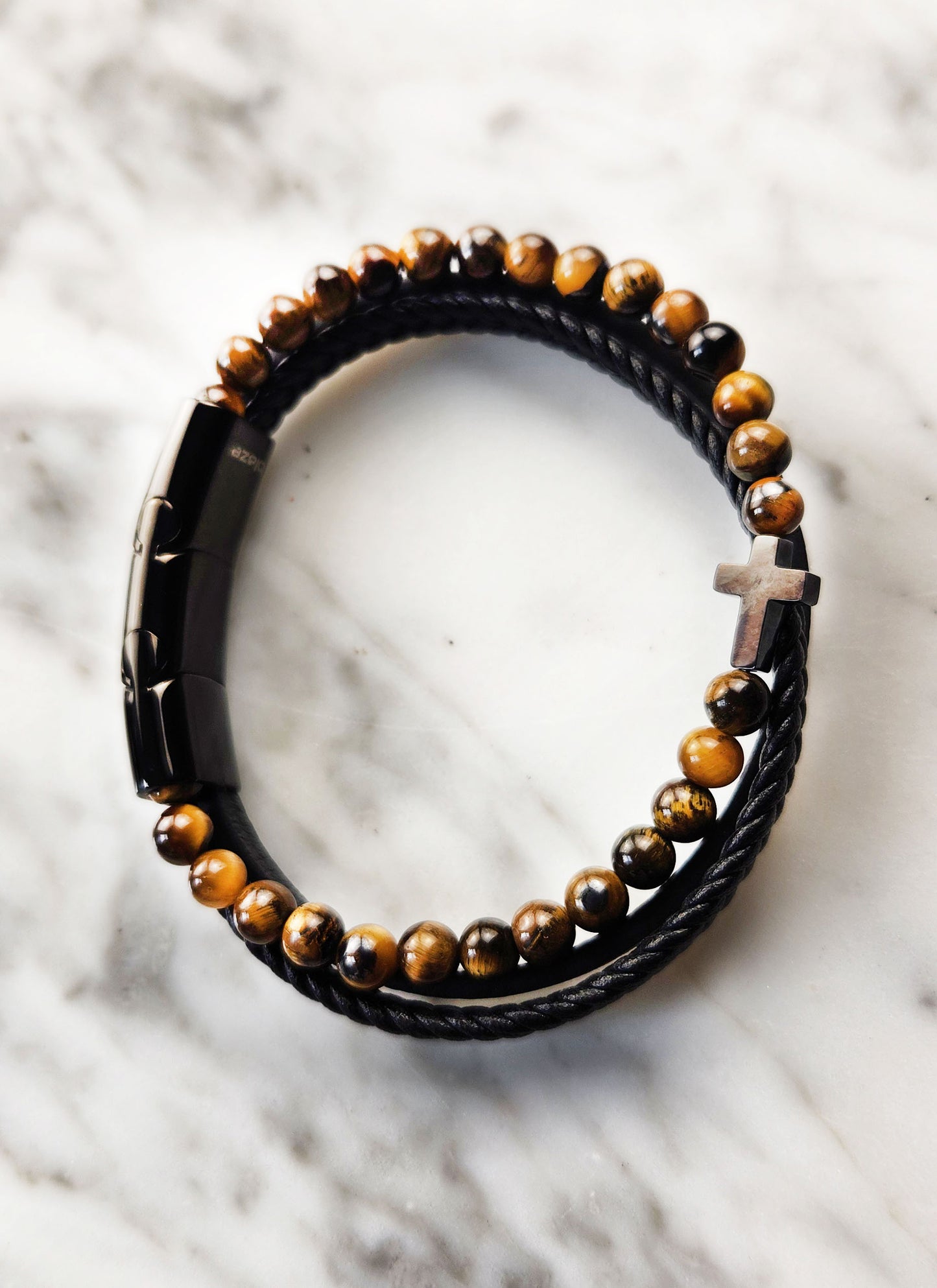 Leather Bangle - Yellow Tiger Eye Bead and Multi-strap with Shiny Black Cross