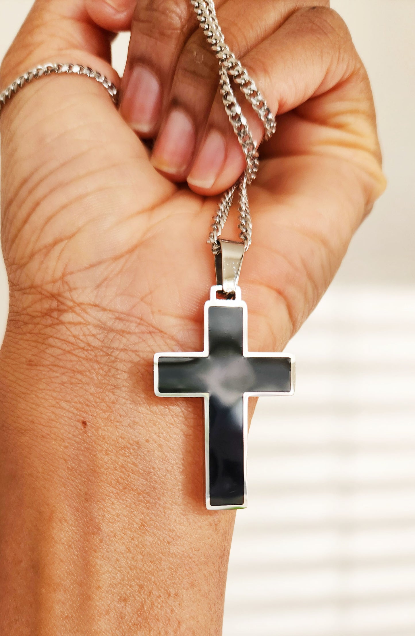 Stainless Steel Necklace - Enamel Cross Pendant with Curb Chain