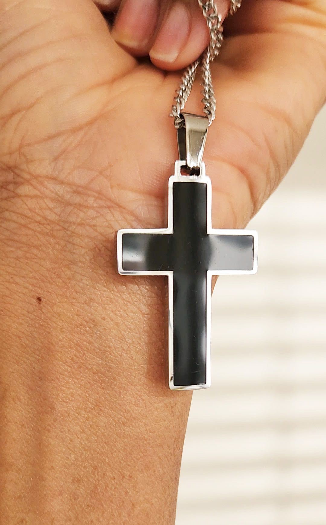 Stainless Steel Necklace - Enamel Cross Pendant with Curb Chain