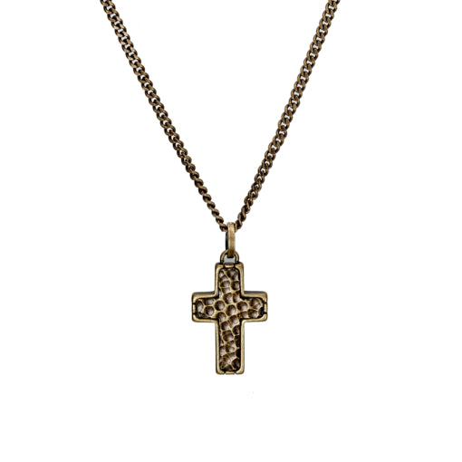 Stainless Steel Necklace with Hammered Cross Pendant in Bronze