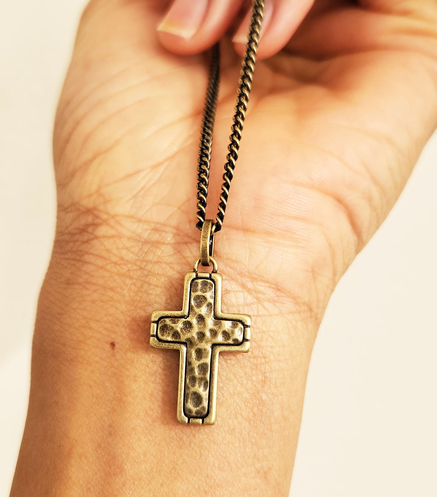 Stainless Steel Necklace with Hammered Cross Pendant in Bronze