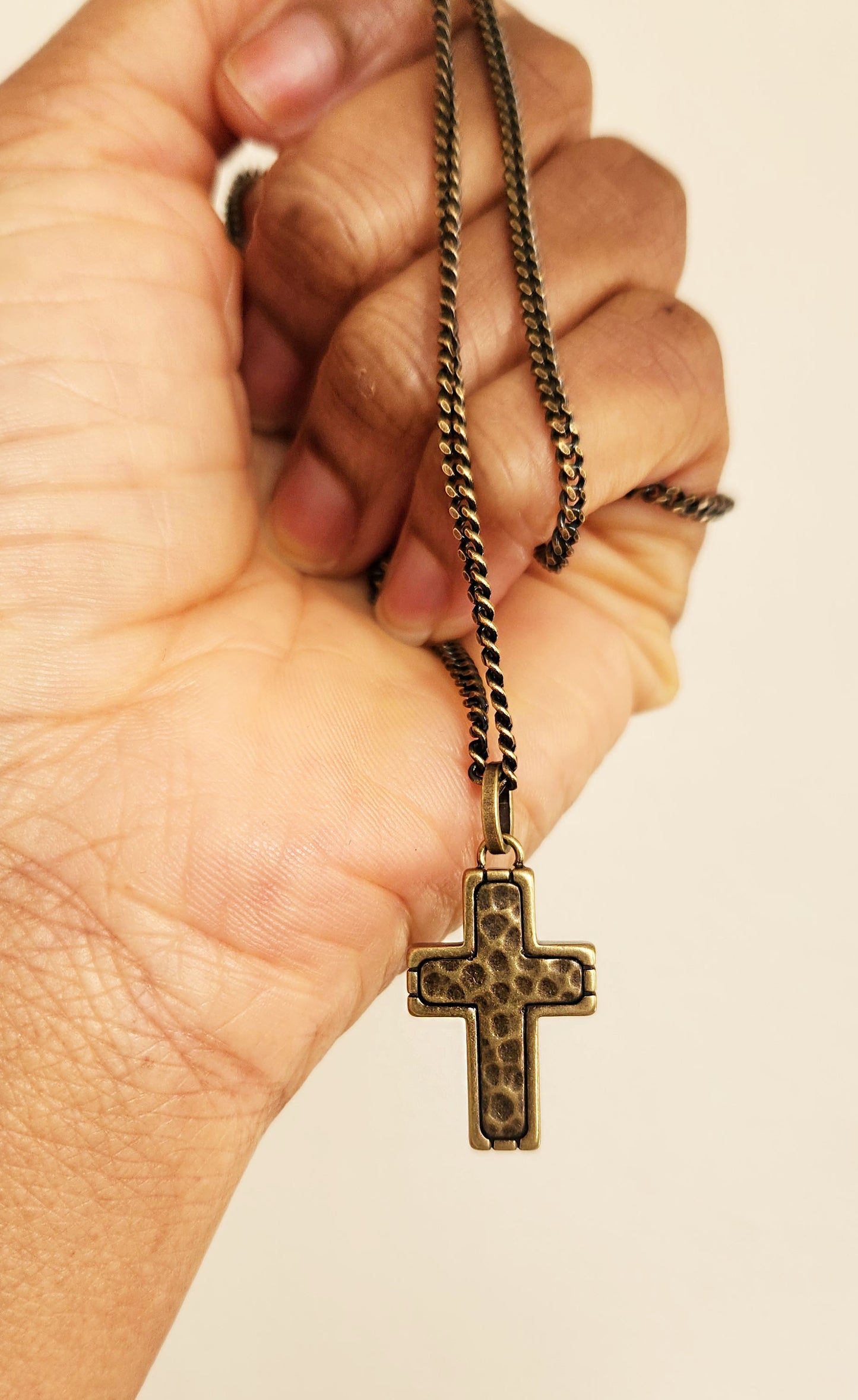 Stainless Steel Necklace with Hammered Cross Pendant in Bronze