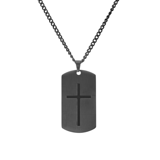 Stainless Steel Necklace - Matte and Shiny Black Cross Pendant