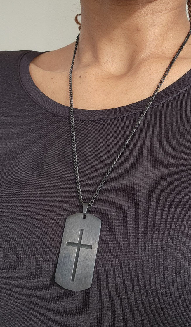 Stainless Steel Necklace - Matte and Shiny Black Cross Pendant