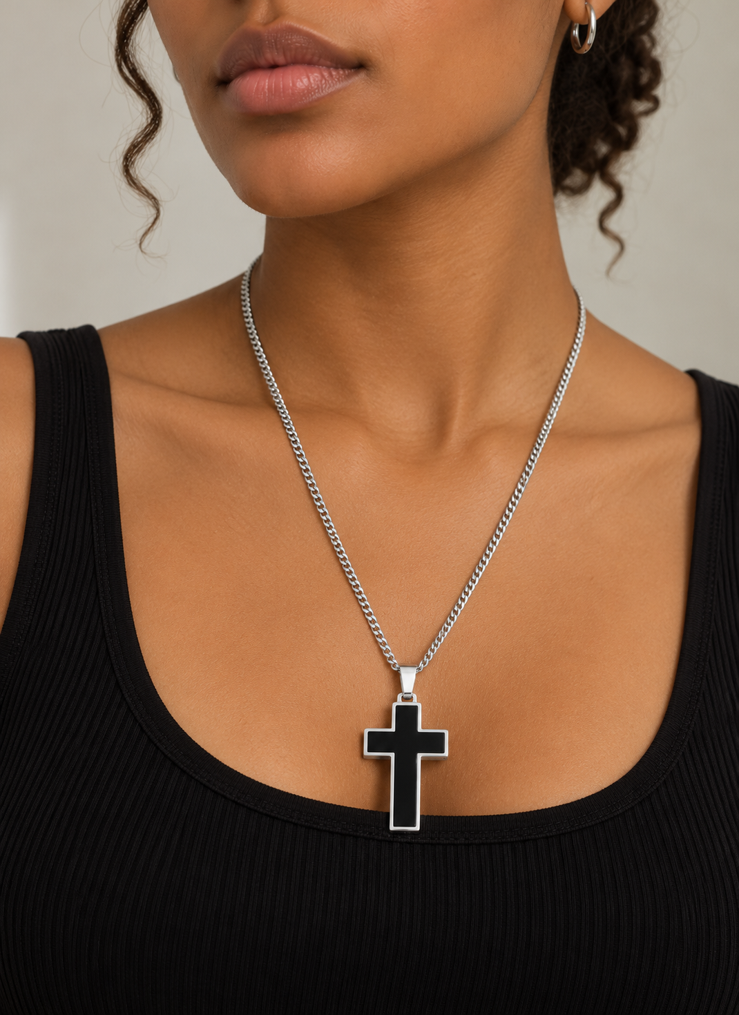 Stainless Steel Necklace - Enamel Cross Pendant with Curb Chain