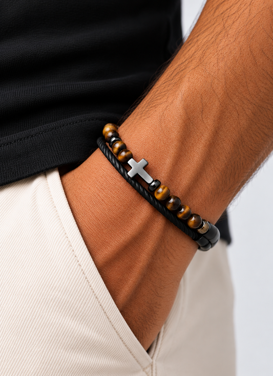 Leather Bangle - Yellow Tiger Eye Bead and Multi-strap with Shiny Black Cross
